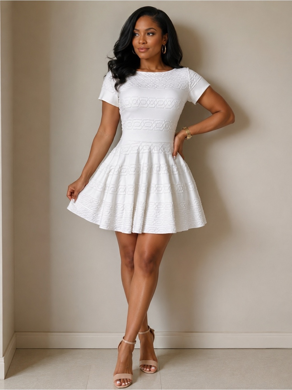 ALAÏA White Textured Fit & Flare Dress Italy Size 40 Designer Luxury